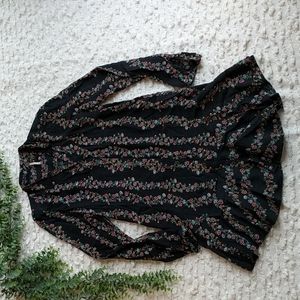Free People Long Sleeve Button Up Black Floral Shirtdress Ruffle Hem XS